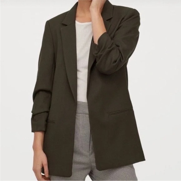 H&M Olive forest green Women's Blazer open jacket M rushed sleeve - Picture 2 of 6